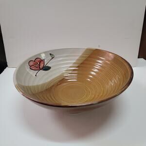 WCL Clay Ironstone Pottery Bowl Vintage flower  handmade decorative brown cream